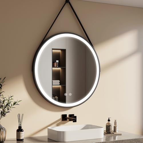 EMKE Espejo baño Redondo 80 cm, Espejo Redondo con Interruptor táctil y función antivaho, luz Blanca 6500 K, Espejo Redondo baño Marco Negro y Correa Ajustable