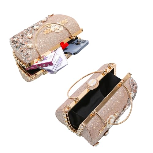 Women's Luxury Crystal Rhinestone Diamond Pearl Metallic Flower Evening Wedding Handbag4