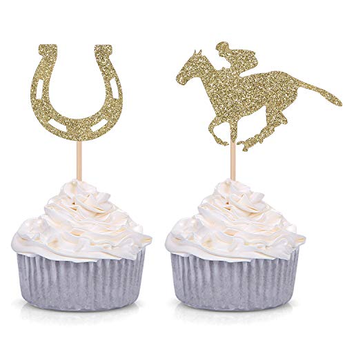 Décorations Cupcakes Derby du Kentucky Haut de Gamme - Topper Cheval Équestre Doré Pailleté