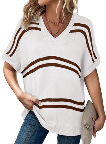 SHEWIN Oversized Sweaters for Women Causal V Neck T Shirts Loose Short Sleeve Sweater Spring Tops