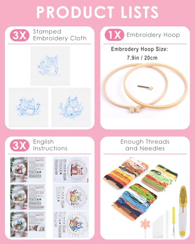 Image of TINDTOP Embroidery Kit for Adults, Owl Embroidery Practice Kit | for Adult Beginners Include Embroidery Cloth Hoops Threads for Craft Lover Hand Stitch with Embroidery Skill Techniques