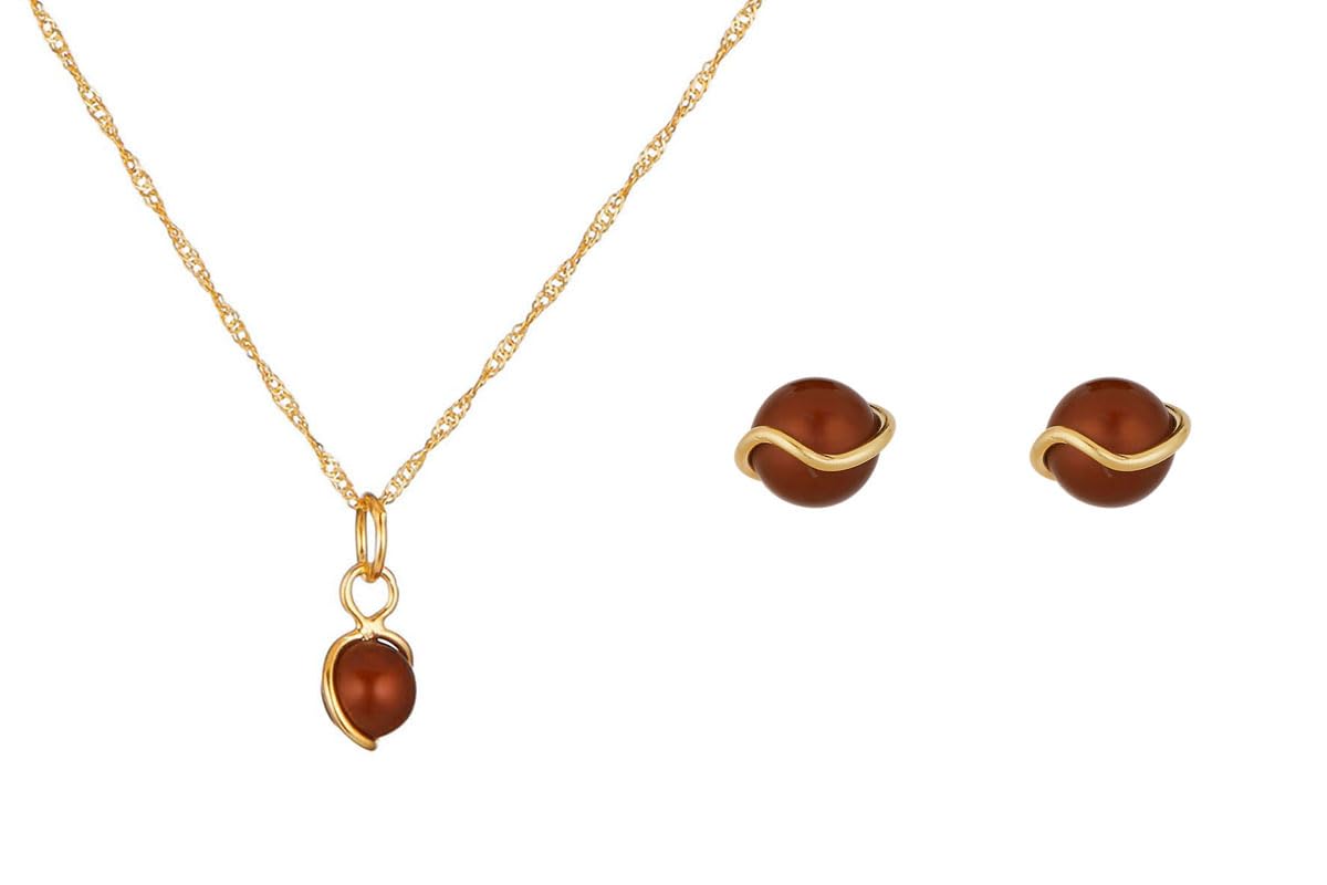 Essence Bijoux | Conjunto de gargantilla y pendientes en Plata de ley 925 bañada en oro diseño Entrelazado Perla Burdeos