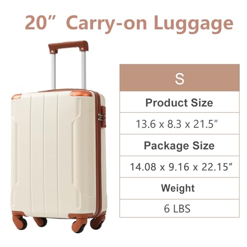 Expandable 20" Checked Luggage, Hardshell Luggage, Lightweight Durable ABS Suitcase with Double Wheels Ideal for Travel, Carry On & Checked Baggage, Wheeled Suitcases (White Brown, 20")2
