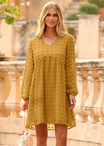 KIRUNDO Womens Dresses 2024 Spring Summer Long Sleeve Mini Dress V Neck Flowy Casual Swiss Dot Loose Babydoll Dress4