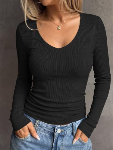 Image of ANRABESS Long Sleeve Shirts for Women Fall V Neck Slim Fit Tops Basic Tee
