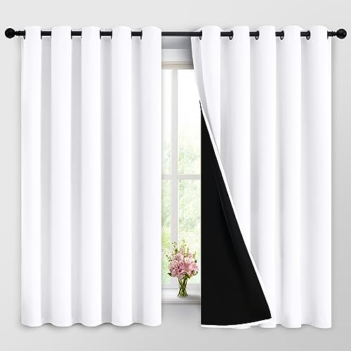 Image of Yakamok Pure White 100% Blackout Curtains 63 Inches Long 62 inch Wide 2 Panel | Blackout Curtain Panels for Bedroom, 2 Thick Layers Grommet Top Thermal Insulated Drapes with Black Liner for Living Room