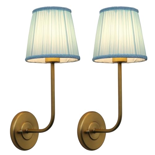 Image of Yosoan Brass Gold Pale Blue Lace Fabric Shade Wall Sconce Set of 2, Vintage Beige Boho Antique Retro Indoor Vanity Vintage Wall Sconce Hardwired Flared Fabric Shade for Bedroom Hallway Living Room
