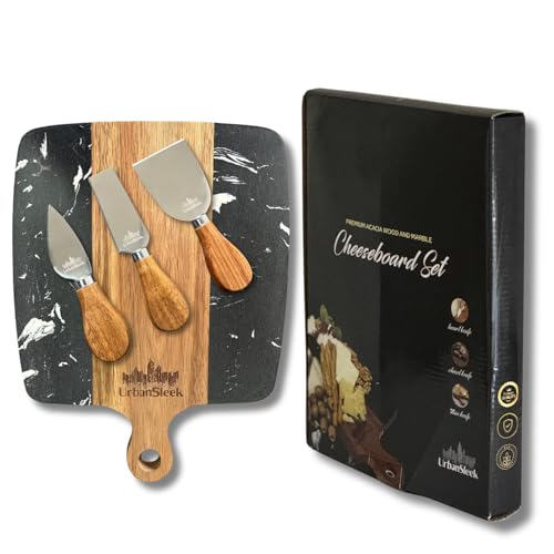 UrbanSleek. Tabla de cortar Quesos y Charcutería con cubiertos, material: madera de acacia antibacterial, mármol cultivado, acero inoxidable. Set completo en una Caja de Regalo Elegante