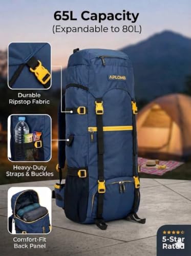 Image of APLOMB Premium 65L Hiking Backpack for Men and Women - Water-Resistant Rucksack with Expandable Storage to 80L, Ergonomic Comfort Back Support - Heavy-Duty Camping, Trekking & Travel Bag