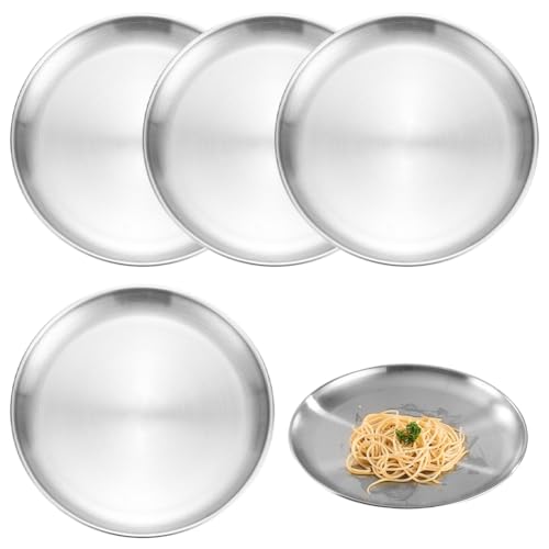 Wllqinte 4 Stück Edelstahl Teller, 20cm Rundes Geschirr, Stabile Campingteller für Picknick, Wandern, Barbecue, Kuchenform, Küche, Party und Haushalt