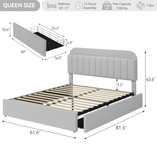 GarveeHome Queen Bed Frame with Storage Headboard, Girls Bed Frame with 2 Drawers, Boucle Upholstered Platform Bed with Bookcase, No Box Spring Needed, Easy Assembly, Grey