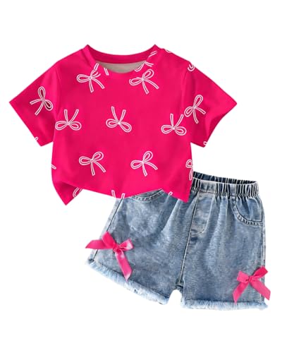 Image of Azmxynol Kid Girls Clothes Outfits Bowknot T-Shirt + 2 In 1 Denim Short Skort Summer Clothing Set, Size 4-10 Years