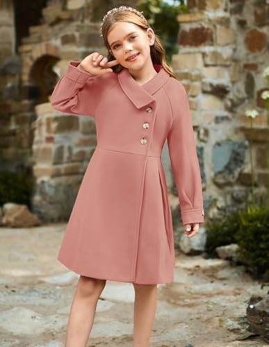 Image of GRACE KARIN Girls Dress Coat Kids Wool Lapel Long Button Jackets Fall Winter Outerwear Peacoat with Pockets 5-12Y