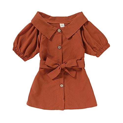 Happy Town Toddler Kids Baby Girls Summer Dress Off-Shoulder Chiffon Short Sleeve One-Piece Dresses Princess Outfits (Brown, 2-3 T)
