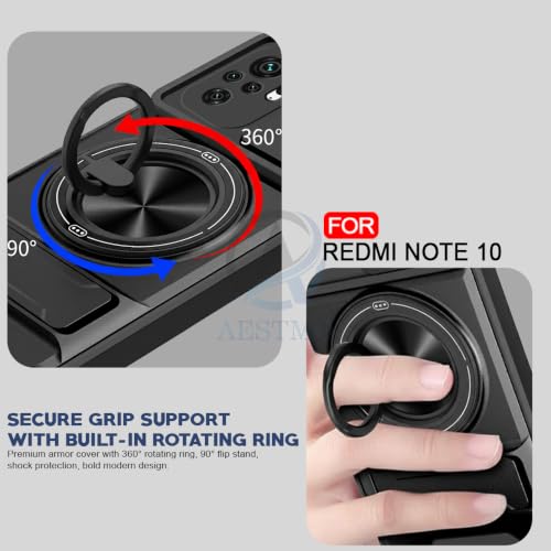 Image of AESTMO Redmi Note 10 Back Cover | Armor Camera Slider 360 Degree Rotating Finger Ring Holder Case with Bracket Stand Back Case Cover (Compatible with MagSafe Accessories) (Black)