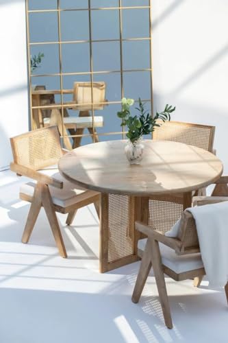 Image of Round Mango Wood Dining Table 4 Seater for Dinning Room, Living Room & Home Decor, Natural Colour, (120D x 120W x 76H Centimeters) (Only Dining)