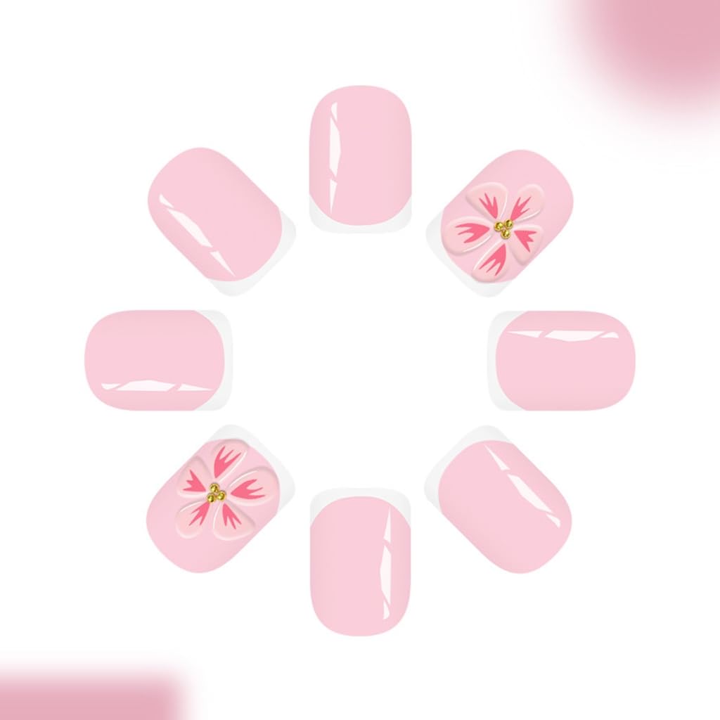 Reusable Fake Nails With Flower Accents French Tip Pink Quick Application Comfortab
