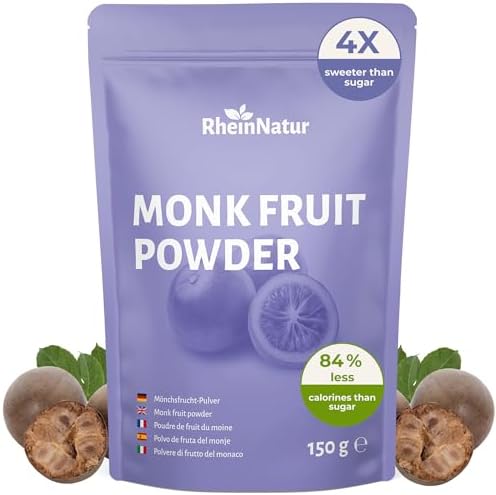 RheinNatur Mönchsfrucht Pulver 150 g - Natürliche Süße als Zuckerersatz - 84% weniger Kalorien als Zucker, hohe Süßkraft - Vegan & kalorienarm