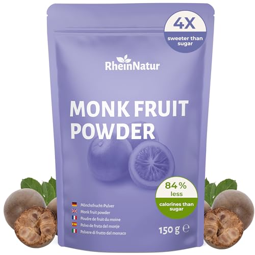 RheinNatur Mönchsfrucht Pulver 150 g - Natürliche Süße als Zuckerersatz - 84% weniger Kalorien als Zucker hohe Süßkraft - Vegan & kalorienarm