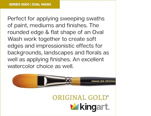 Image of KINGART Premium Original Gold 9600-1 /2 Oval WASH /Glaze Series Artist Brush, Golden Taklon Synthetic Hair, Short Handle, for Acrylic, Watercolor, Oil and Gouache Painting, Size 1 /2 inch