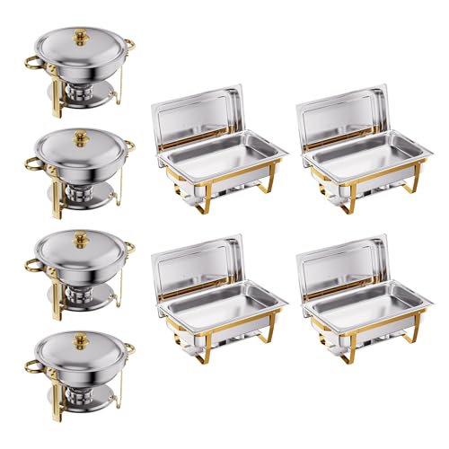 Image of CAMMOO 18/8 (304) Stainless Steel Chafing Dishes Bundle with 6QT Round and 9QT Stackable Food Warmers for Buffet Catering Events Parties (8 Items Total)
