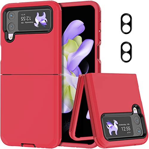 Annymall for Galaxy Z Flip 4 Case with Camera Lens Film,Shockproof Protective Phone Case Heavy Duty Full Body Protection Drop Proof Hard Rugged Cover for Samsung Galaxy Z Flip 4 (Red/Black)