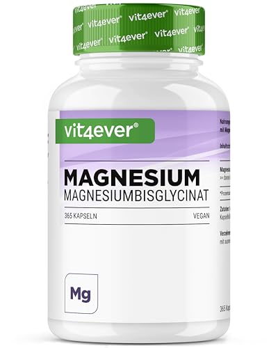 Bisglicinato de Magnesio - 365 Cápsulas - 300 mg de Magnesio Elemental por dosis diaria - Premium: Magnesio Quelado - Vegano - Alta Dosis