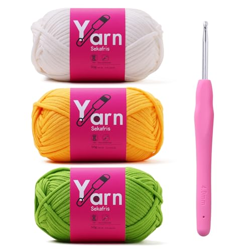 Image of Crochet Yarn 150g /163.5yds Cotton Yarn for Crocheting - Crochet Knitting Yarn for Beginners with Easy-to-See Stitches - Yarns for Crocheting - Chunky Yarns (Golden Yellow+White+Emerald Green)