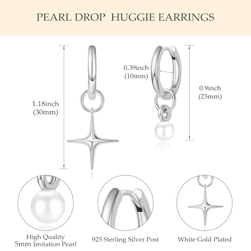 DAILY VIBES Small Gold Star Pearl Drop Dangle Earrings for Women Dainty 925 Sterling Silver Post Asymmetrical Mini 14K Gold Plated Huggie Hoop Earrings for Women3