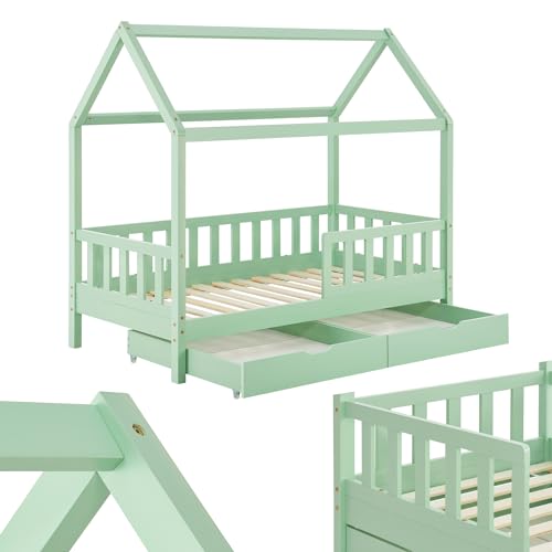 Juskys® Kinderbett Marli 80 x 160 cm mit Matratze, Bettkasten, Rausfallschutz, Lattenrost & Dach - Massivholz Hausbett für Kinder - Bett in Mint