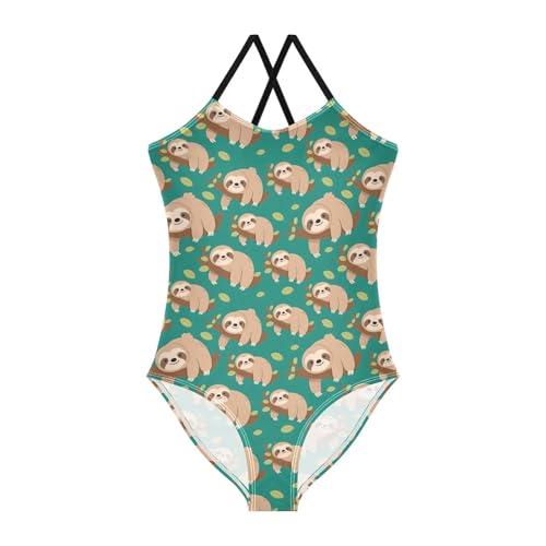 senya Girls Swimsuits One-Piece Swimwear Tie Bathing Suit Beach Summer Round Neck 9-10T Sloth Tree Branch Pattern