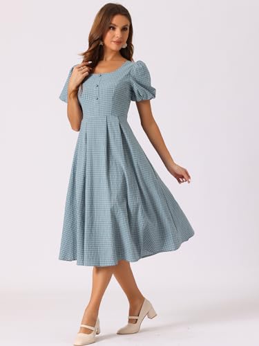 Image of Allegra K Plaid Dress for Women Summer Smocked Back Round Neck Puff Short Sleeve Flowy Midi Dresses