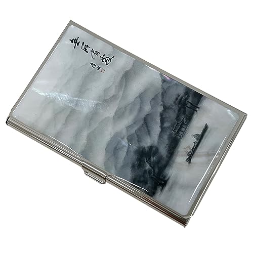 Image of Mother of Pearl Business Card Case Credit Id Name Holder Travel Wallet Art Painting Design Metal Stainless Steel Engraved Slim Purse Pocket Cash Money Wallet (Lonely)