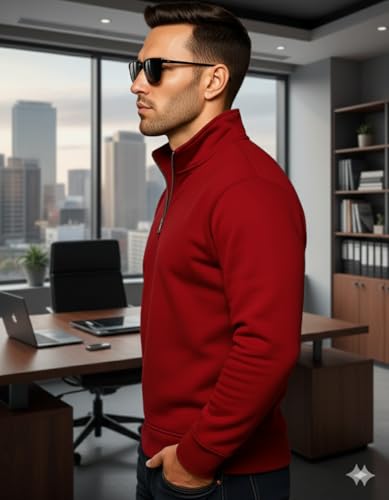 Image of Quarter Zip Pullover Sweatshirt, Classic Long Sleeve Mock Neck, Available in Burgundy, Black, Light Blue