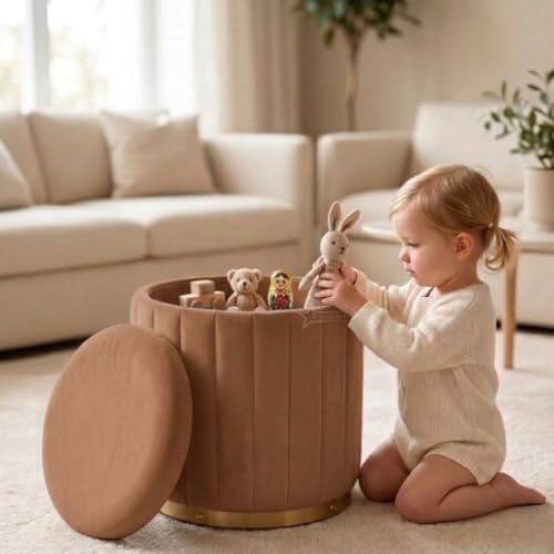 Image of Superior Round Storage Ottoman Stool 13 X 13X 16 inch, with Gold Metal Base | Elegant Pouffe with Secret Storage | Cushioned Footrest for Living Room, Bedroom, and Lounge Coffee