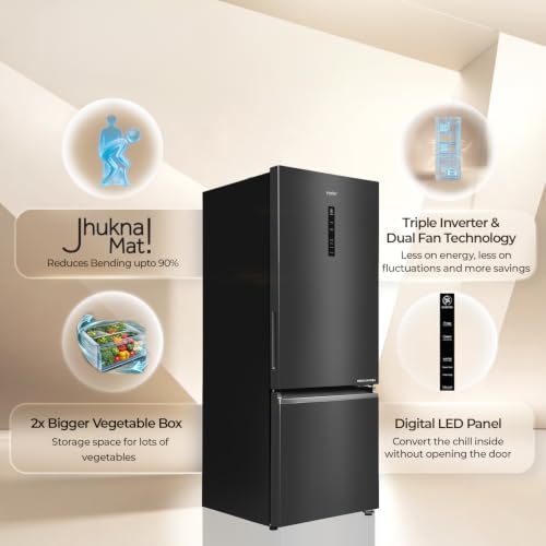 Image of Haier 325 L 2 Star Frost Free Triple Inverter Double Door Bottom Mount Refrigerator, Digital Touch Display & 2X Bigger Fresh Storage (HEB-332GBA-P, GE Black, 14 In 1 Convertible Modes, 2026 Model)