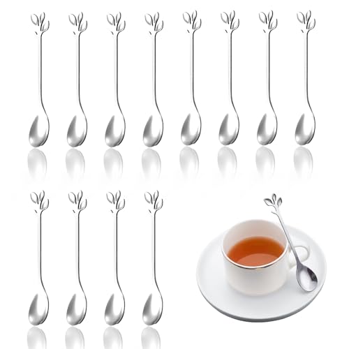 14 Pezzi di Cucchiaino da Caffè in Foglia di Acciaio Inossidabile con Design a Foglia, Argento, Eleganti Cucchiaini per Caffè, Tè e Dessert, Perfetti per Decorare la Tavola e Regali Speciali