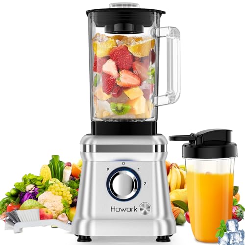 Howork Batidora de Vaso 1200W Licuadoras para Zumos y Batidos 1.6L Licuadora para Verduras y Frutas,2 Velocidad + Pulso, 6 Cuchillas Acero, con Taza Portátil de 400ml y Cepillo (Plateado)