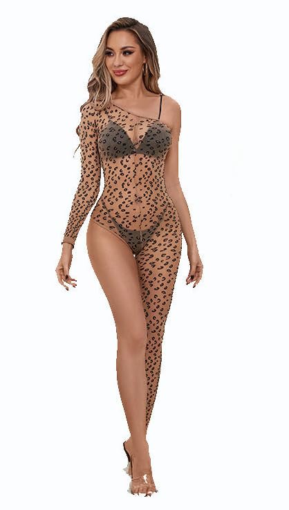 One-Shoulder Bodysuit, Leopard Print Sheer Mesh, Form-Fitting, Nude