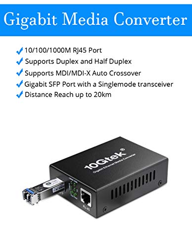 Image of Fiber to Ethernet Media Converter, Gigabit Single Mode SFP LC Converter, 1000Base-LX to 10 /100 /1000M RJ45, SMF, 1310nm, up to 20km (12.4miles)