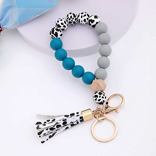 Image of BAOSIWA Silicone Key Ring Bracelet Wristlet Keychain Unique Beaded Bangle Key Chains for Women with Leather Tassel