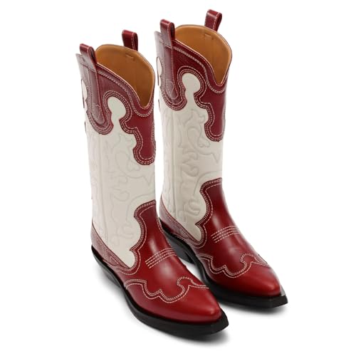 QIV Western Cowboy Boots for Women Pointed Toe Chunky Heel Mid Calf Cowgirl Boots with Embroidery3