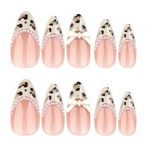 Image of Leopard Print Press on Nails Medium Almond Fake Nails French Tip False Nail with Pearl Design Bow Glue on Nails Glossy Artificial Acrylic Full Cover Stick on Nail for Women Manicure 24Pcs