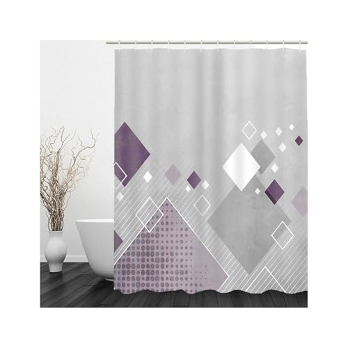 Rideau de douche gris violet géométrique en polyester avec anneaux