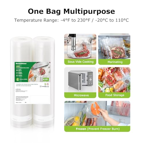 Image of Bonsenkitchen Vacuum Sealer Bags Rolls for Food, 2 Packs 11 inch x 20', Heavy-Duty Textured Material Bag, BPA-Free, Commercial-Grade, Custom-Length Bag for Food Storage & Sous Vide