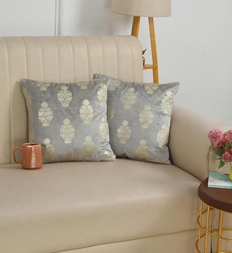 Image of DEVSANG Foil Velvet Cushion Covers 24 inch x 24 inch Set of 2 pc, Silver Grey