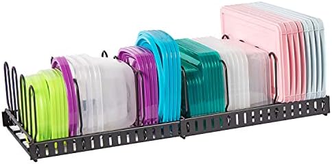 Expandable Food Container Lid Organizer,Large Capacity Adjustable 10 Dividers Detachable Lid Organizer Rack for Cabinets, Cupboards, Pantry Shelves, Drawers to Keep Kitchen Tidy,Black(Patent Pending)