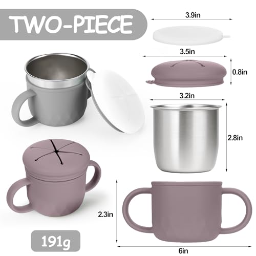 Image of Mity rain 2-Pack Stainless Steel Snack Containers, 4-in-1 Spill proof Snack Cups With Silicone Lid and Handle, Dishwasher Safe Travel Snack Containers for Kids and Infants (Purple + Gray)