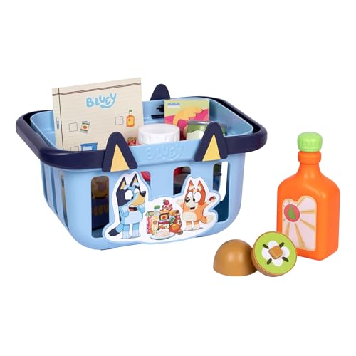 Image of Bluey Shopping Basket, 9 Grocery Accessories, Toddler Pretend Play