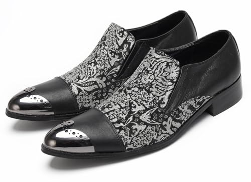 Santimon Men’s Slip-On Loafers Dress Shoes with Metallic Cap Toe – Formal Leather Loafers with Embroidered Brocade Pattern – Stylish Party & Wedding Shoes for Men